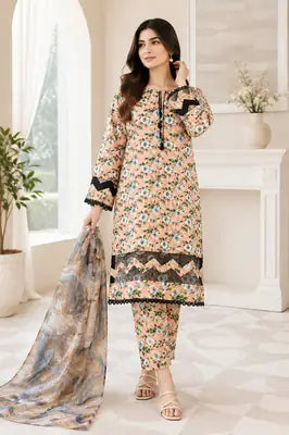 3 Pcs Women's Stitched Cotton Lawn Embroidered Suit