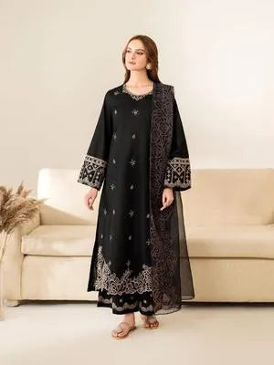 3 Pcs Women's Stitched Cotton Lawn Embroidered Suit