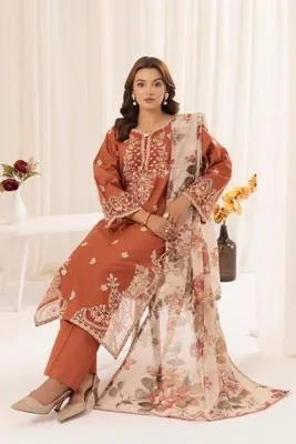 3 Pcs Women's Stitched Cotton Lawn Embroidered Suit