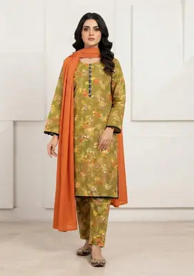 3 Pcs Women's Stitched Cotton Lawn Embroidered Suit