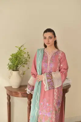 3 Pcs Women's Stitched Cotton Lawn Embroidered Suit