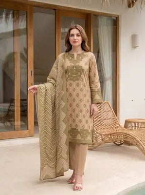 3 Pcs Women's Stitched Cotton Lawn Embroidered Suit
