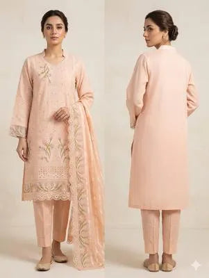 3 Pcs Women's Stitched Cotton Lawn Embroidered Suit