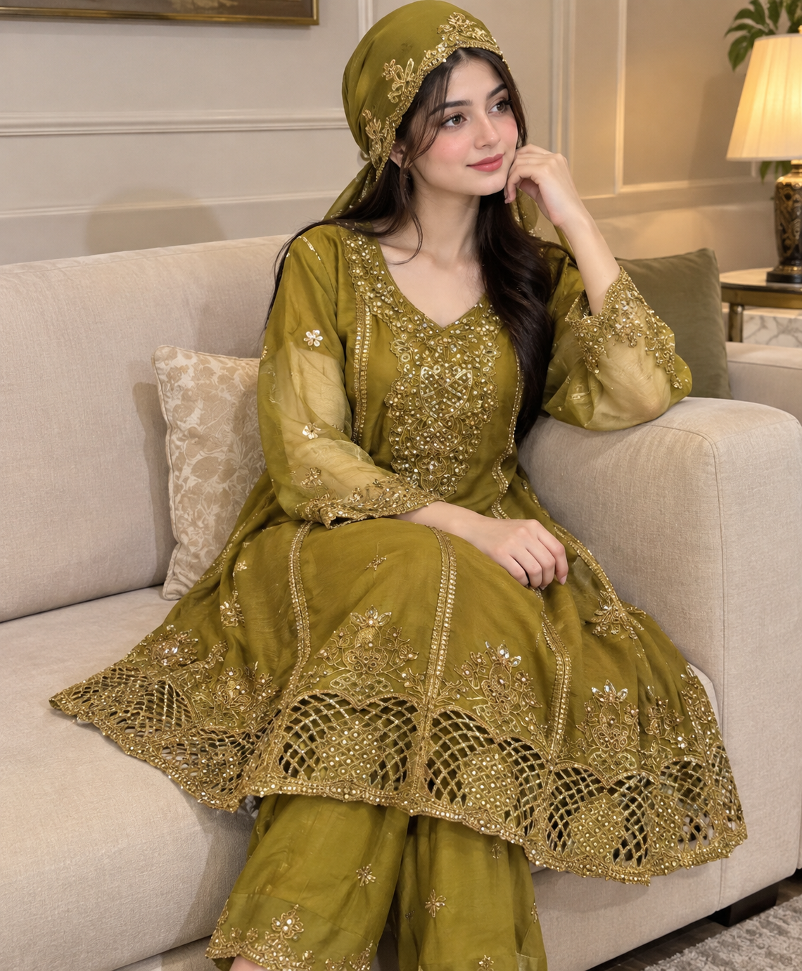 Elegant Olive Green Gold Embroidered Luxury Pakistani Party Wear Suit ✨