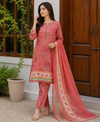 3 Pcs Women's Stitched Cotton Lawn Embroidered Suit
