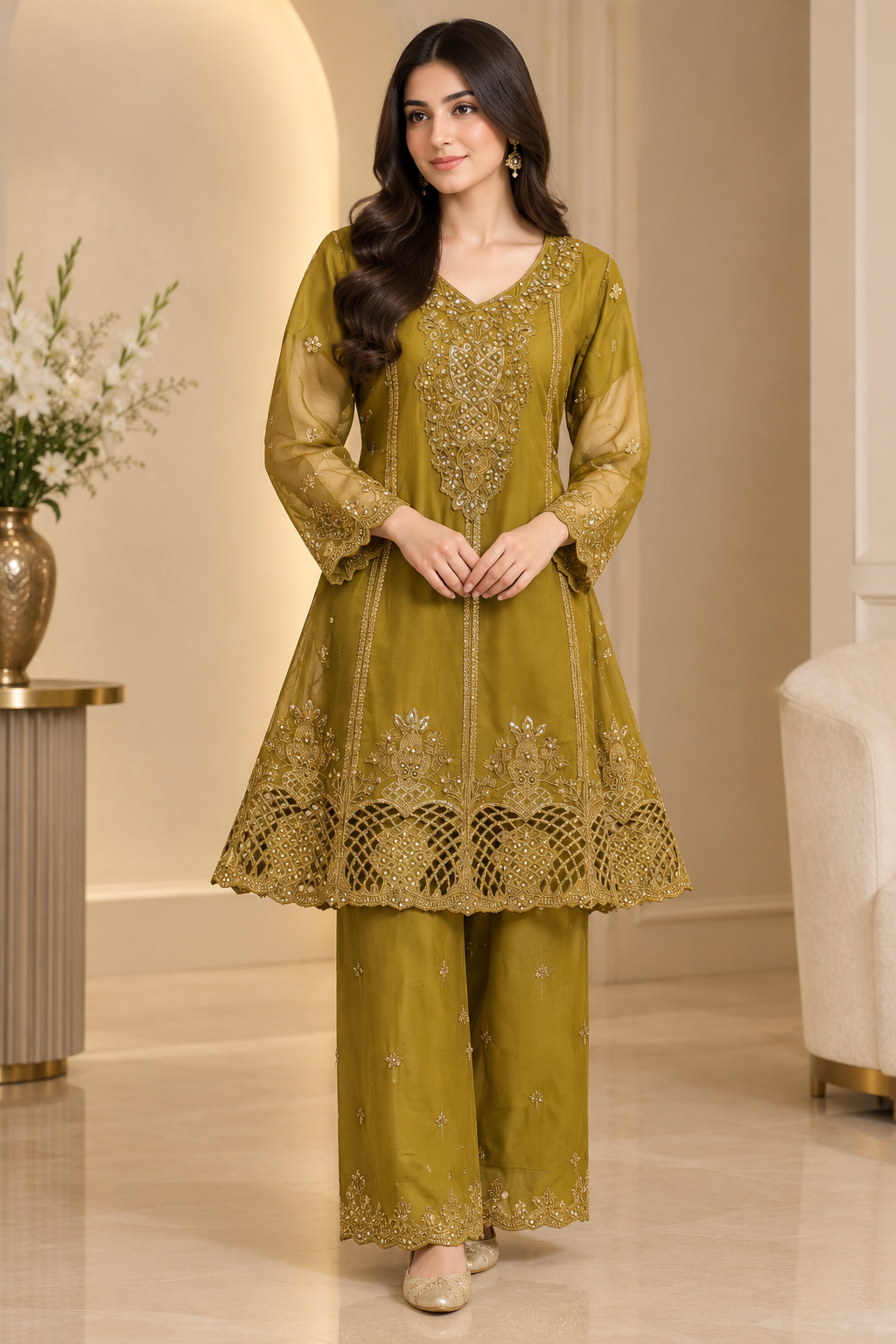 Elegant Olive Green Gold Embroidered Luxury Pakistani Party Wear Suit ✨