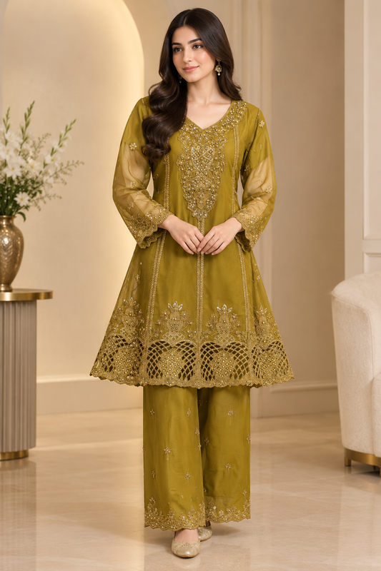 Elegant Olive Green Gold Embroidered Luxury Pakistani Party Wear Suit ✨