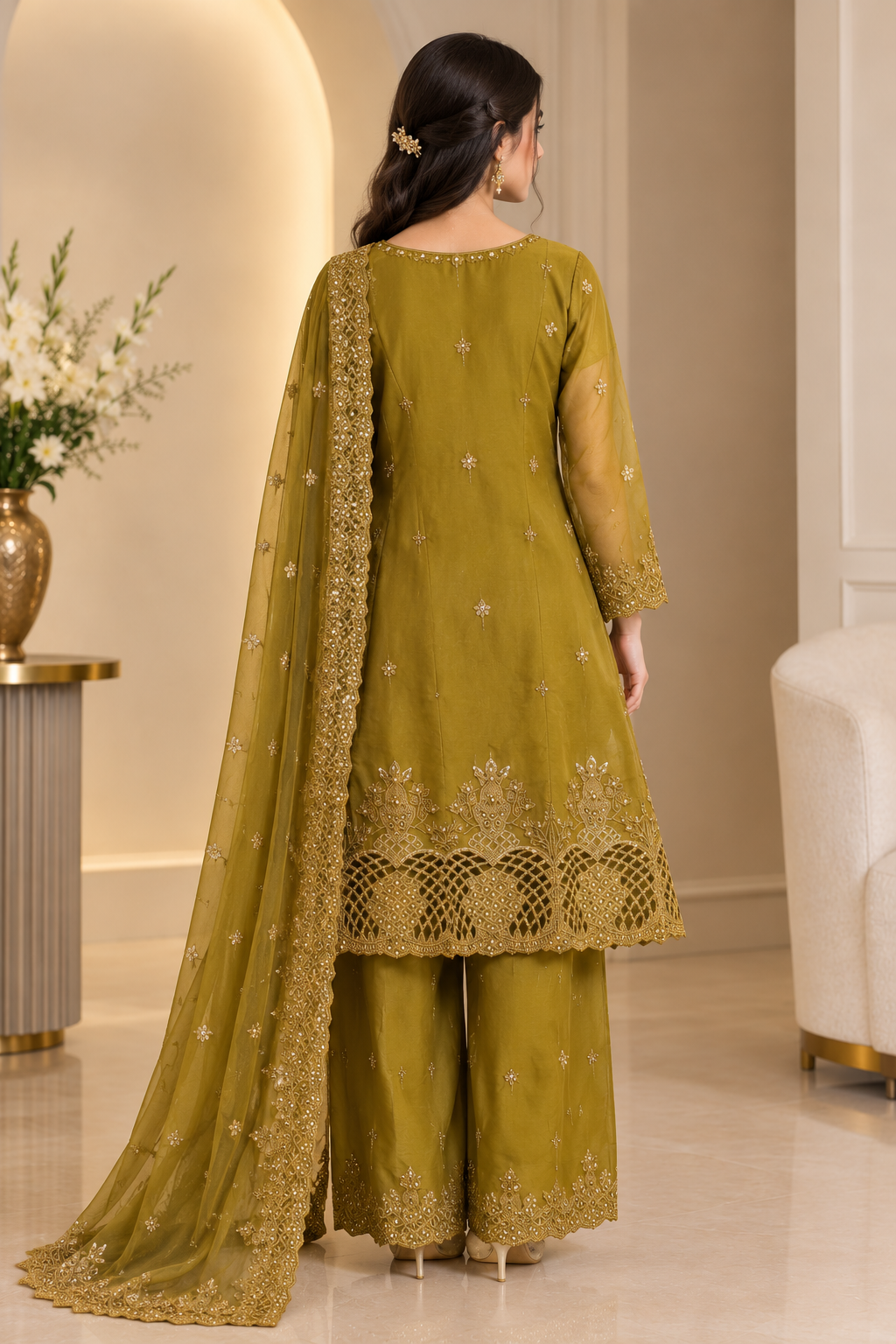 Elegant Olive Green Gold Embroidered Luxury Pakistani Party Wear Suit ✨